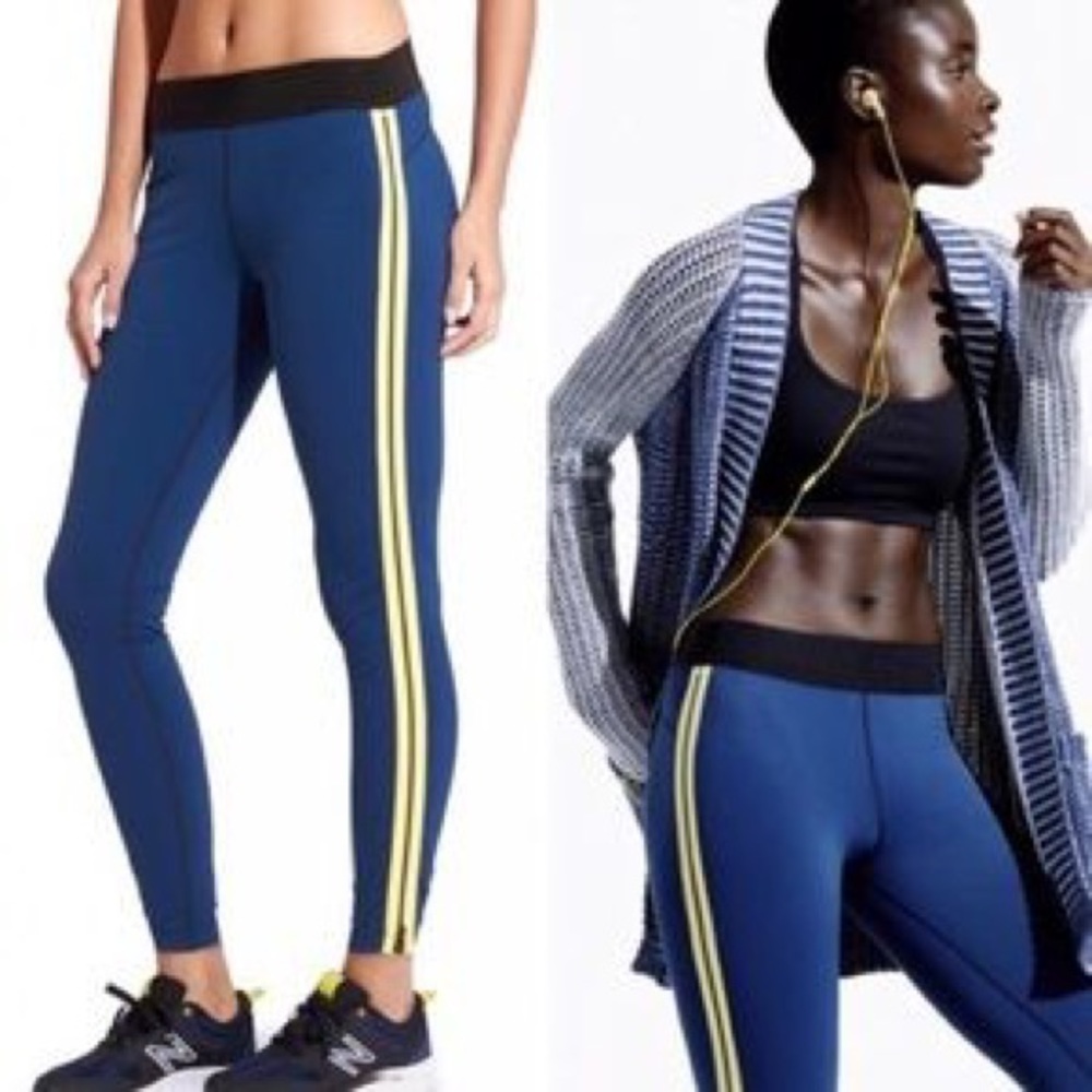 Derek Lam 10C x Athleta Stripe Side Zipper Legging in Navy/Yellow